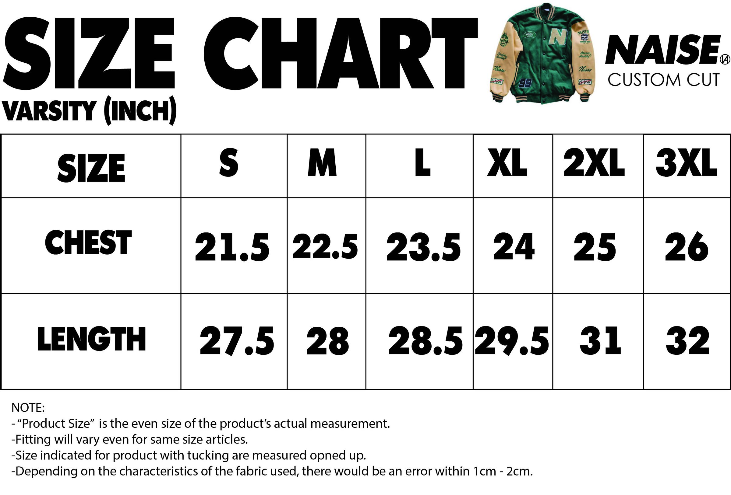 SIZE CHART VARSITY MUQRIE 2023 NOTE INCLUDED