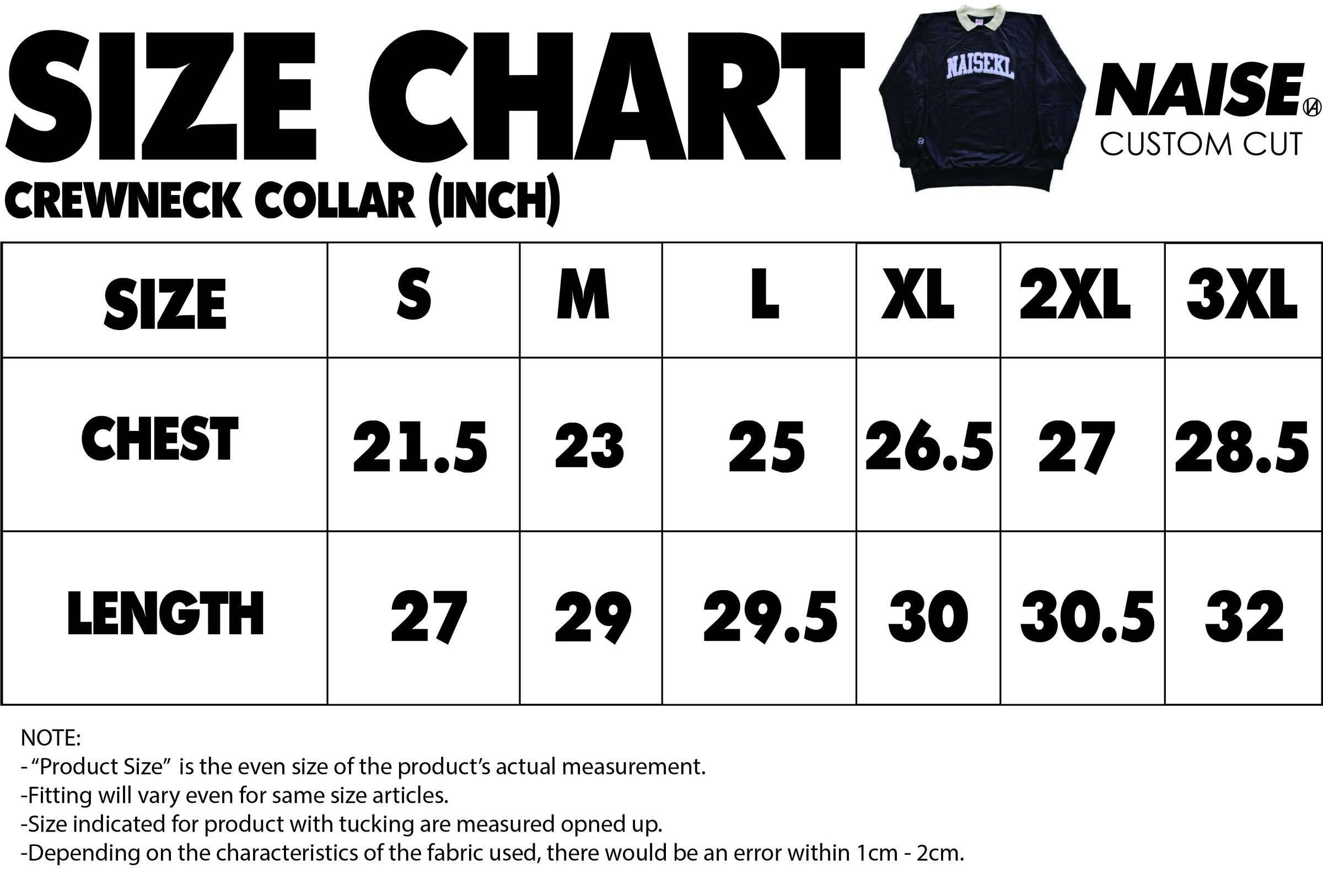 SIZE CHART CREWNECK COLLAR MUQRIE 2023 NOTE INCLUDED