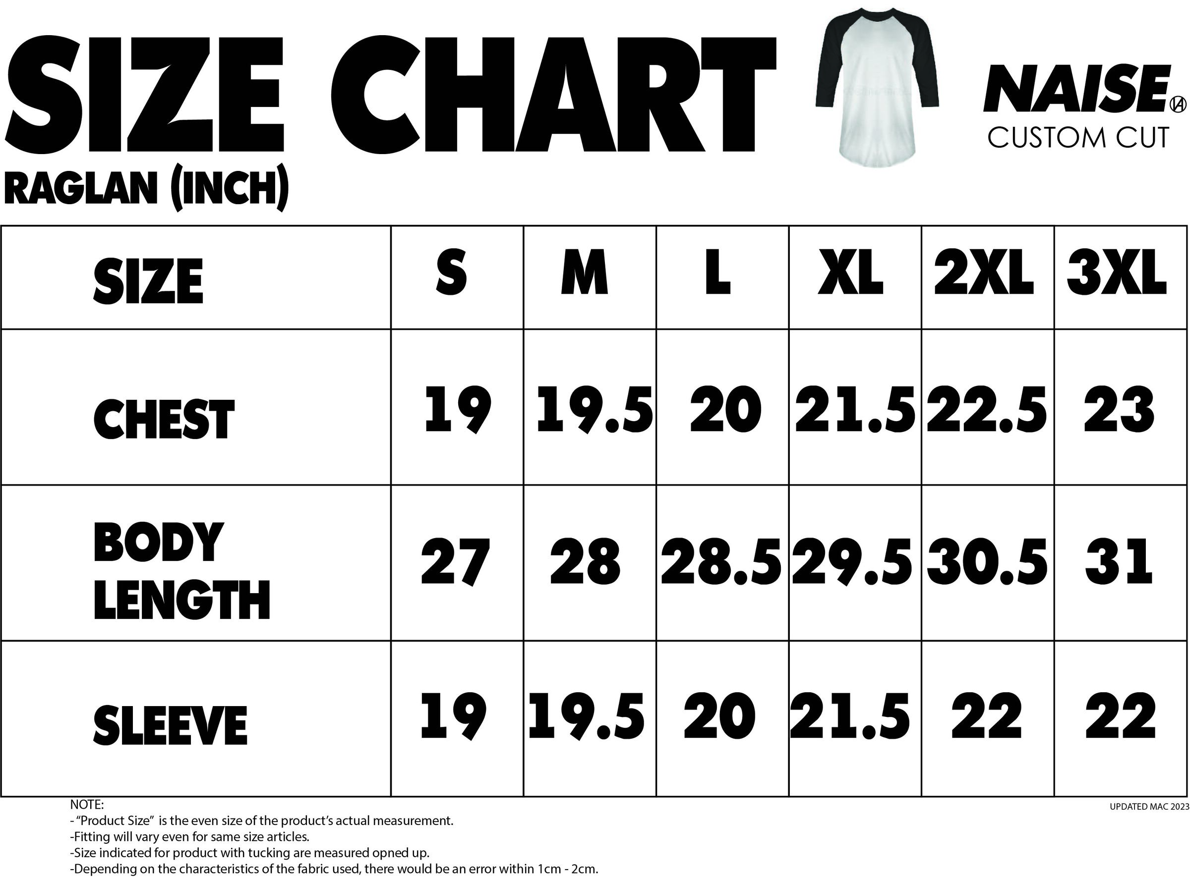 SIZE CHART RAGLAN 2023 MUQRIE NOTE INCLUDED