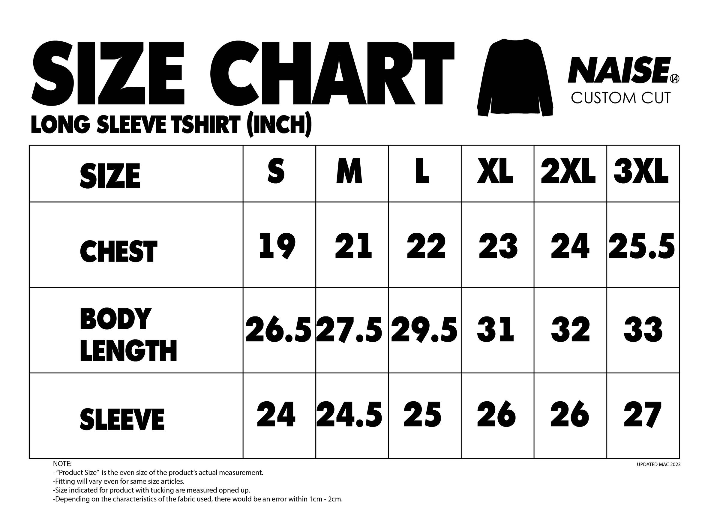 SIZE CHART LONG SLEEVE TSHIRT 2023 MUQRIE NOTE INCLUDED