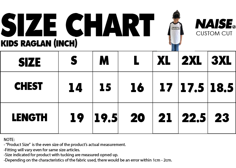 SIZE CHART KIDS RAGLAN 2023 NOTE INCLUDED