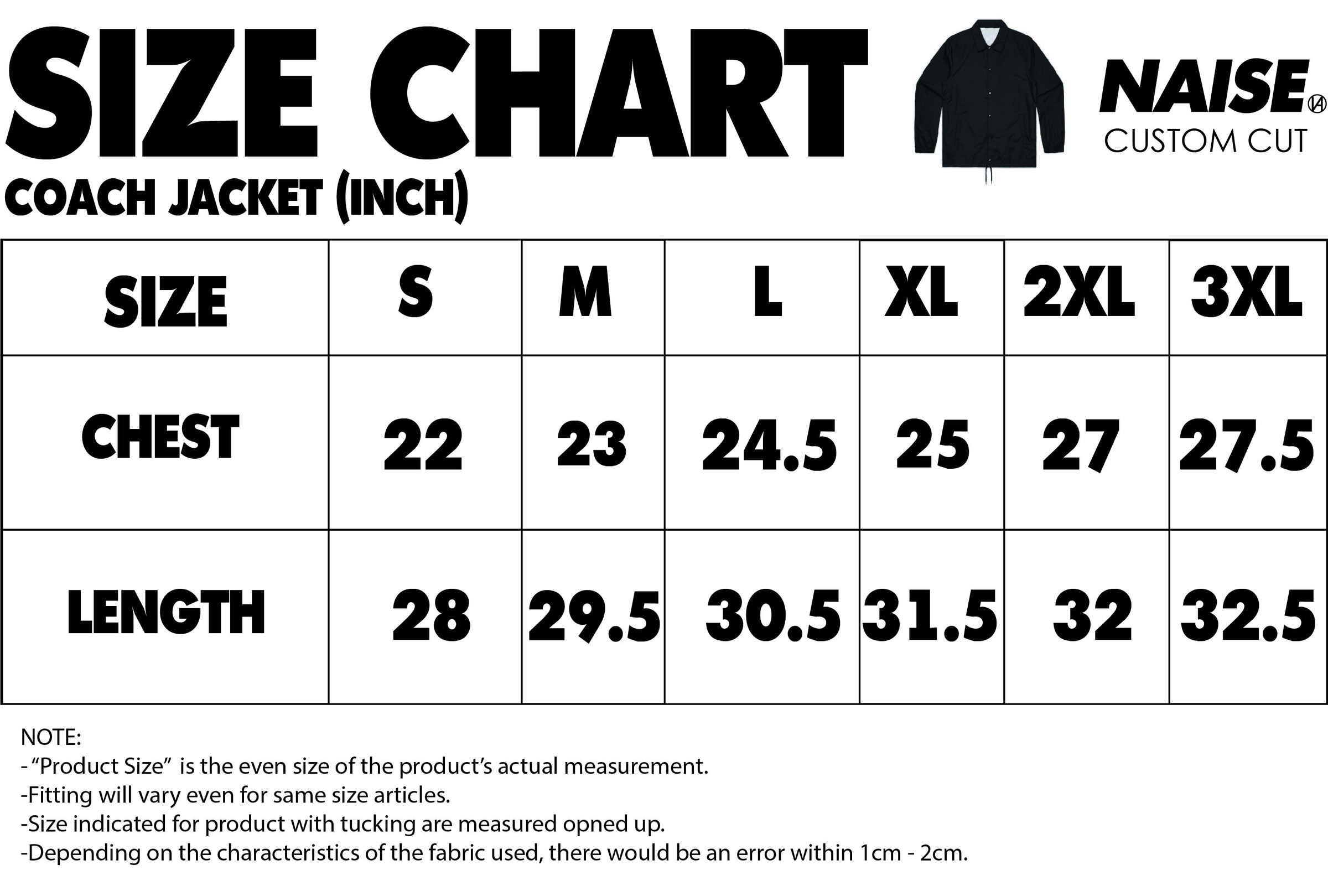 SIZE CHART DRAGO COACH JACKET 2024 NOTE INCLUDED
