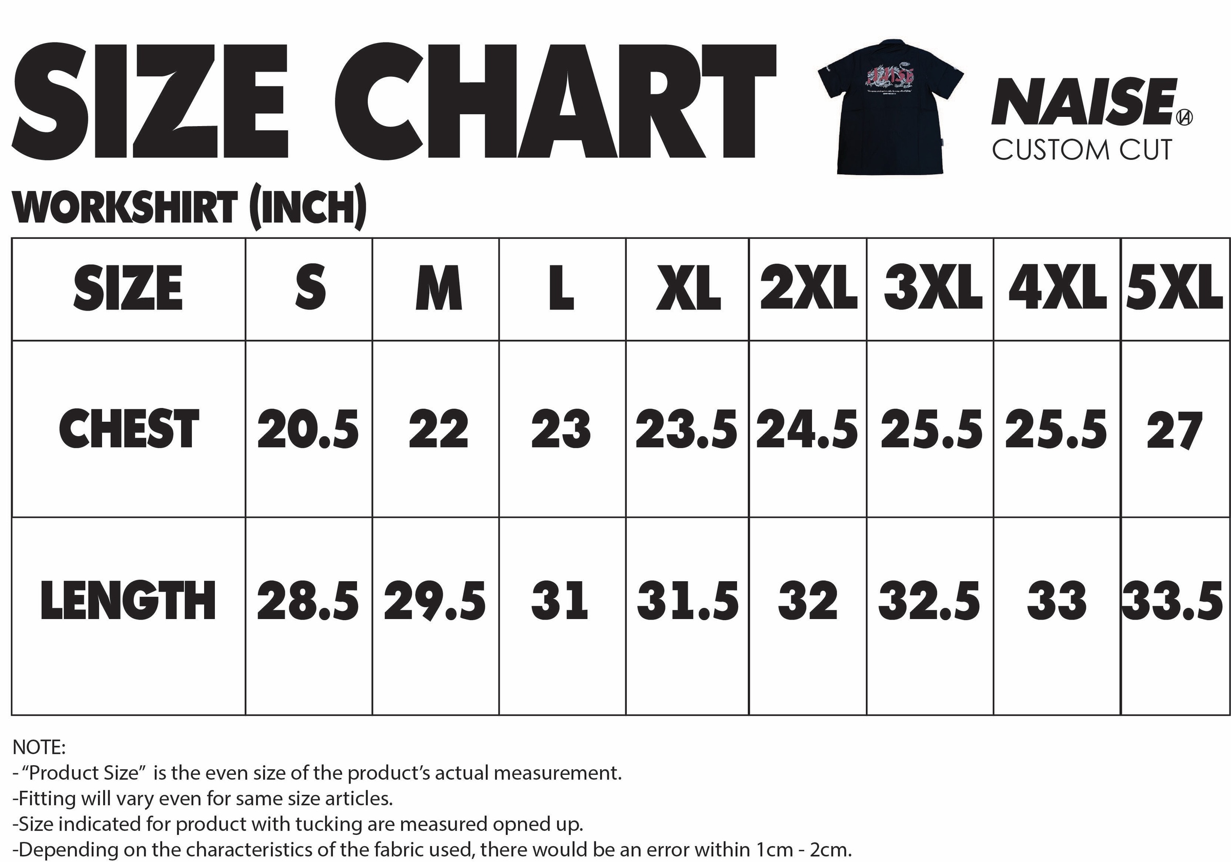 SIZE CHART WORKSHIRT CHINESE NEW YEAR 2024 NOTE INCLUDED