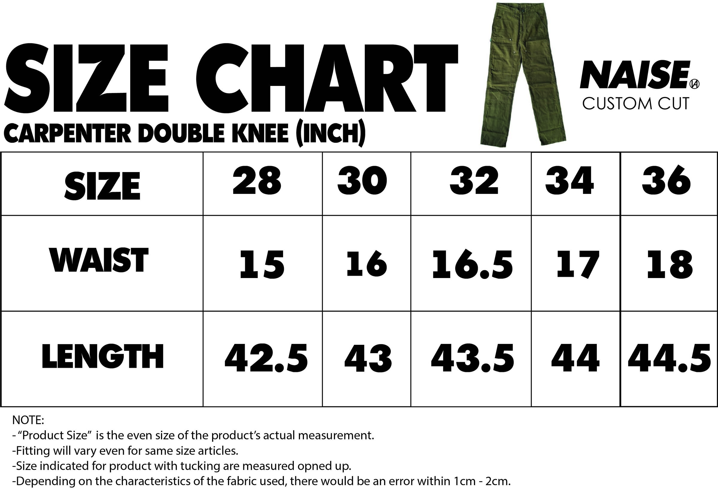 SIZE CHART CARPENTER DOUBLE KNEE BUMPER RAYA 2024 NOTE INCLUDED