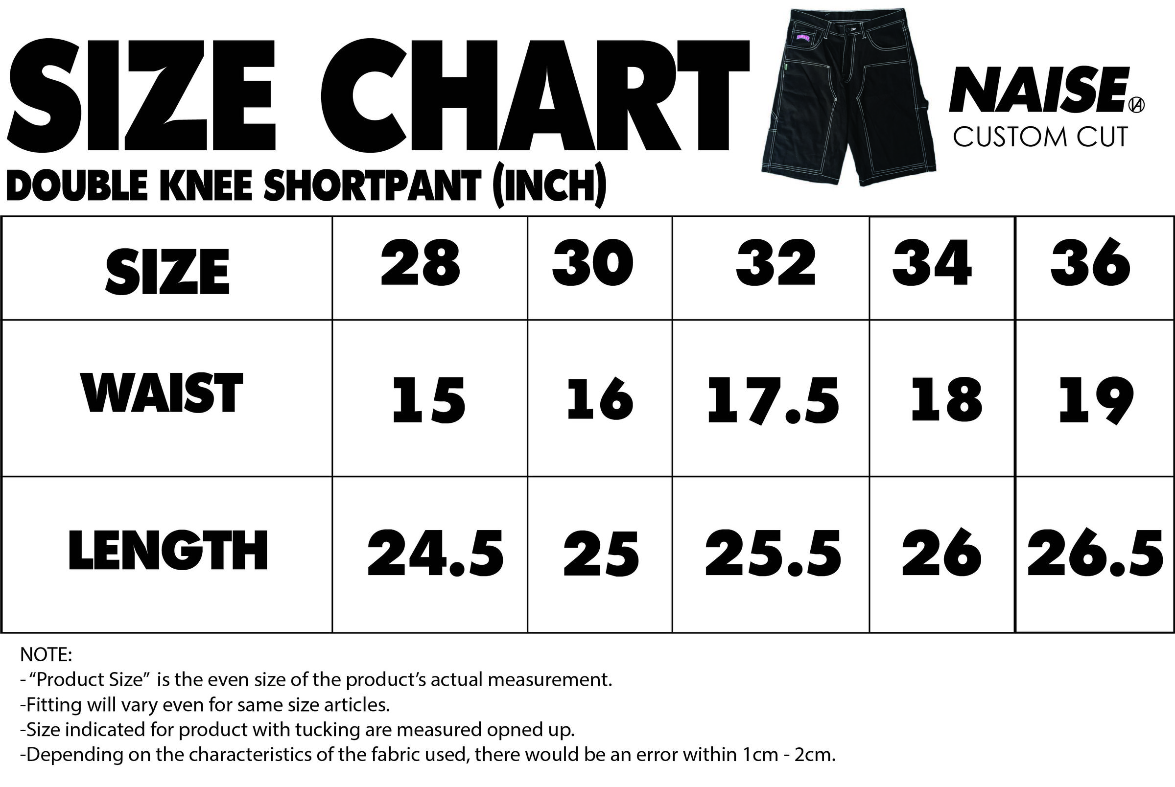 SIZE CHART DOUBLE KNEE SHORTPANT BUMPER RAYA 2024 NOTE INCLUDED