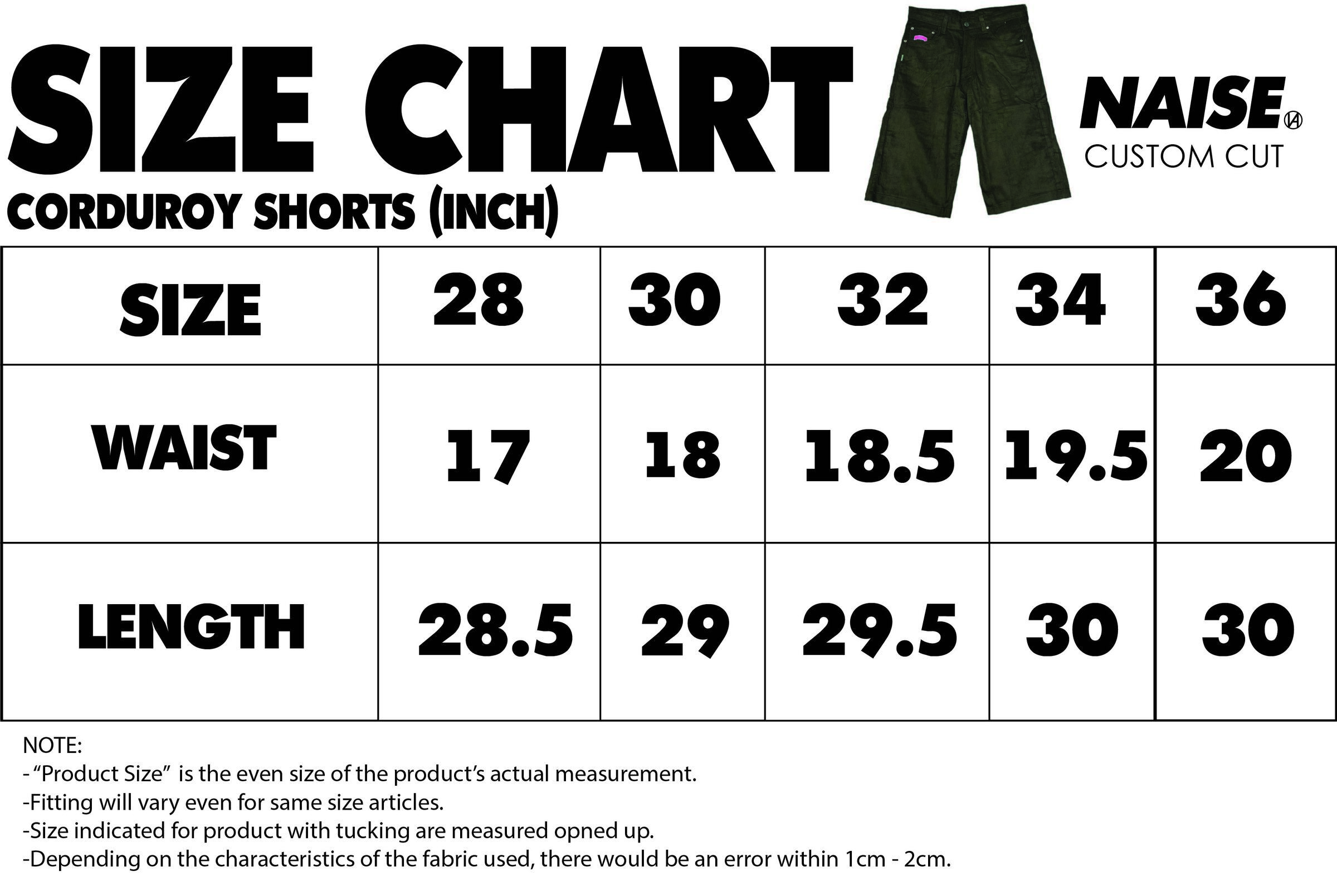 SIZE CHART CORDUROY SHORTS BUMPER RAYA 2024 NOTE INCLUDED
