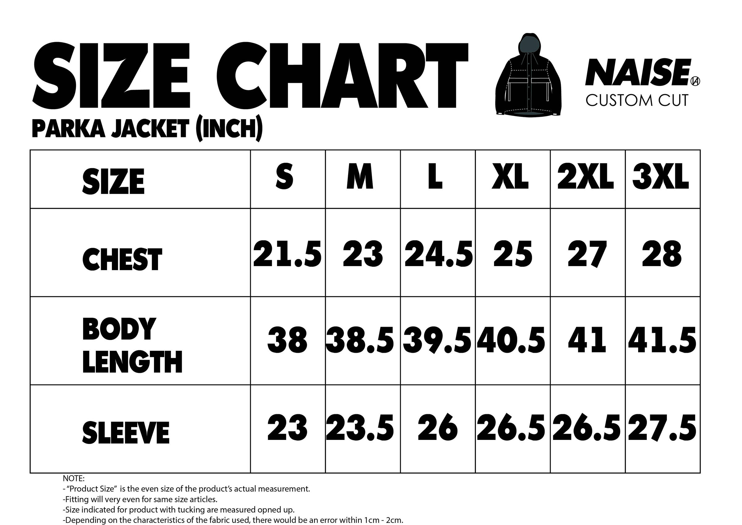 SIZE CHART PARKA JACKET 2023 MUQRIE NOTE INCLUDED