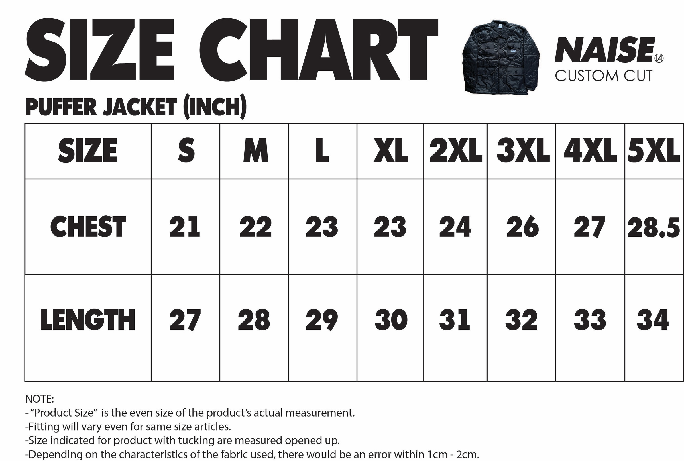 SIZE CHART PUFFER JACKET 2024 NOTE INCLUDED