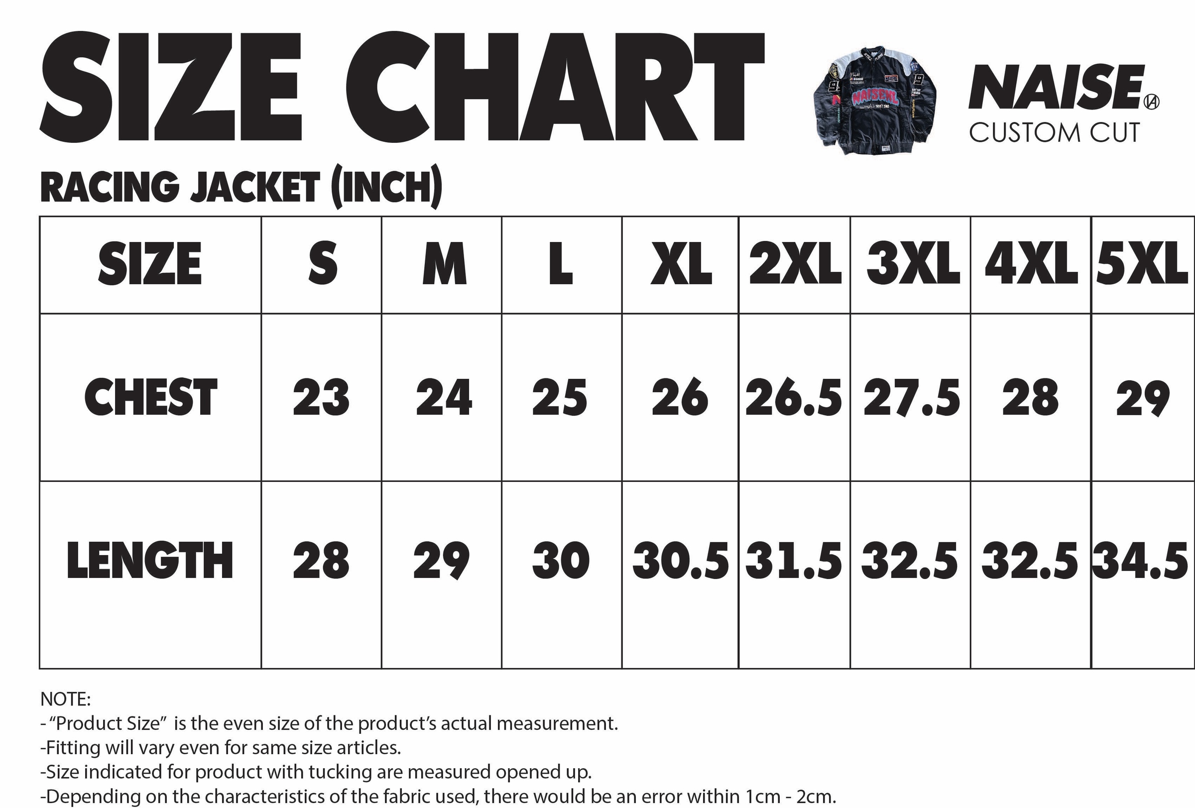 SIZE CHART RACING JACKET 2024 NOTE INCLUDED