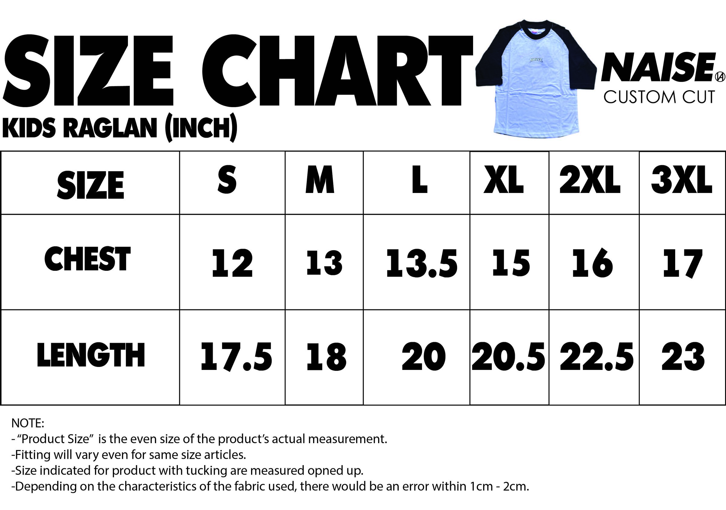 SIZE CHART KIDS RAGLAN 2024 NOTE INCLUDED