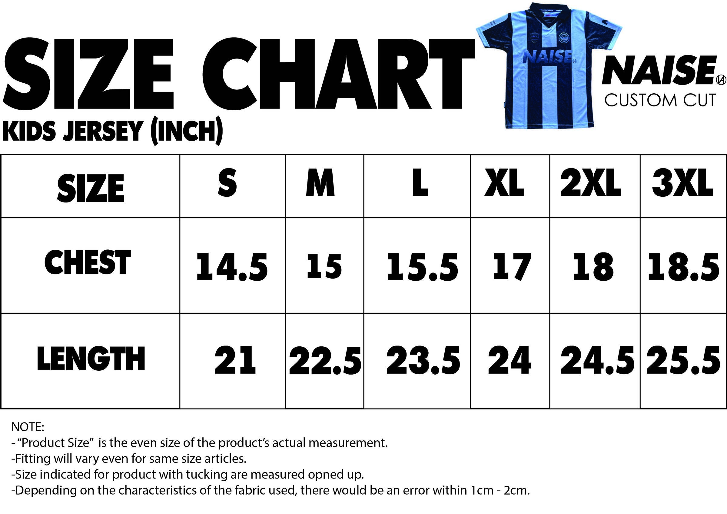 SIZE CHART KIDS JERSEY 2024 NOTE INCLUDED