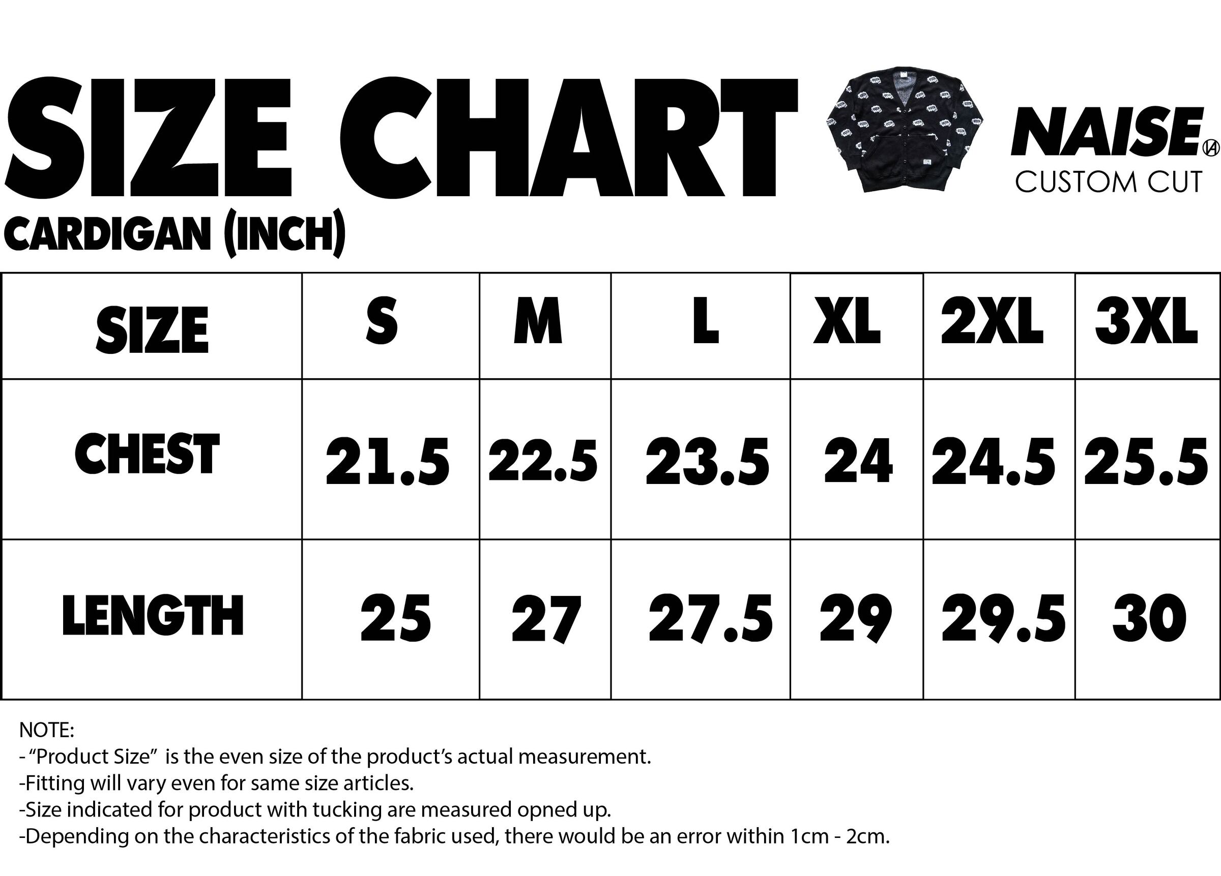 SIZE CHART CARDIGAN 2024 NOTE INCLUDED