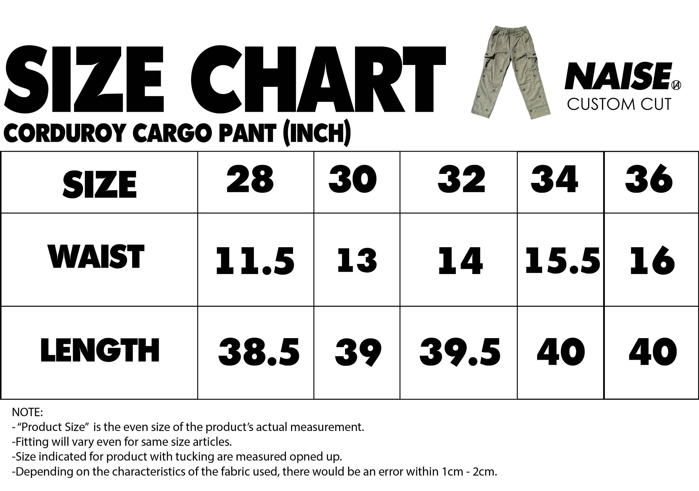 SIZE CHART CORDUROY CARGO PANT ARMY GREEN 2024 NOTE INCLUDED