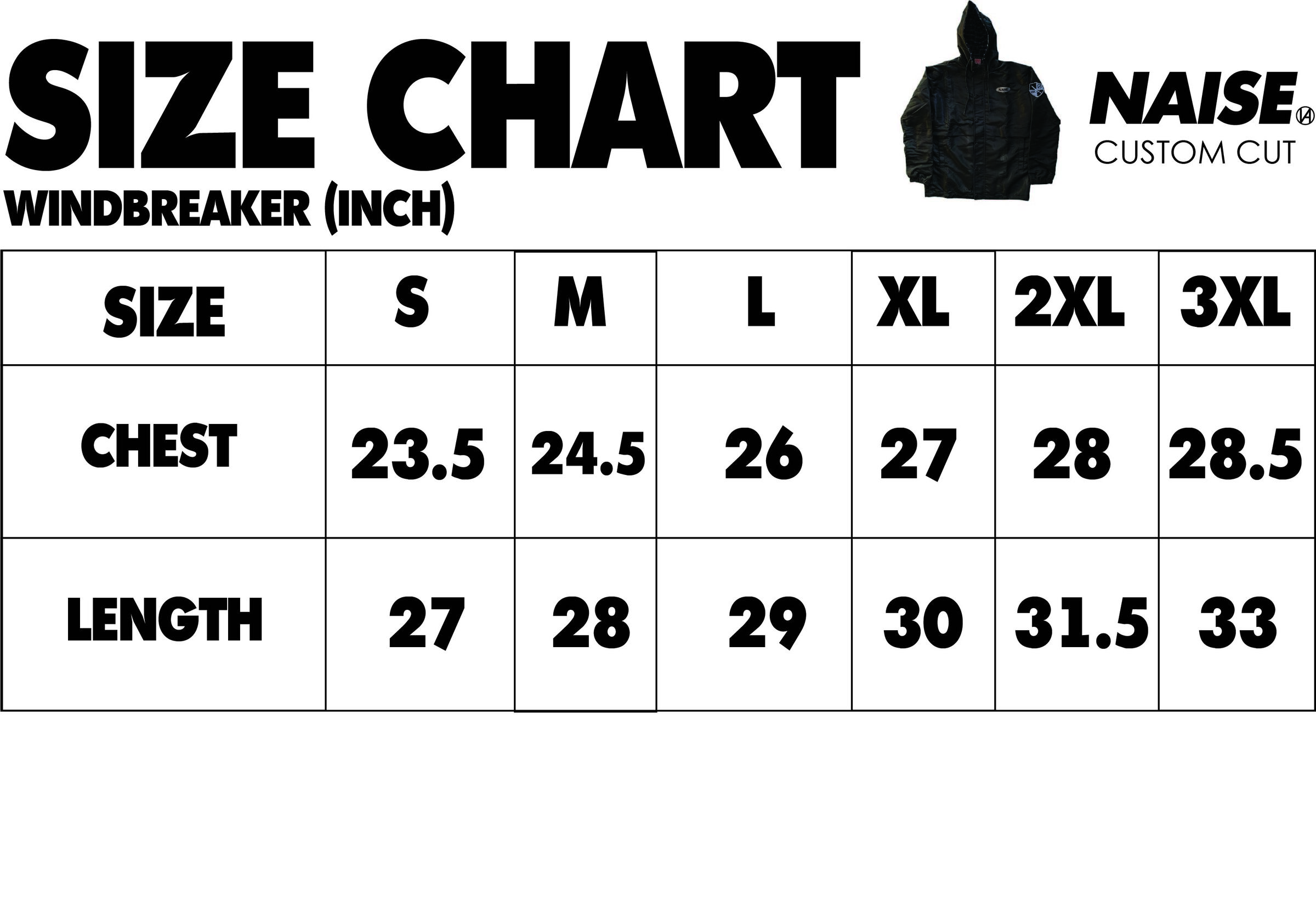 SIZE CHART WINDBREAKER 2023 MUQRIE