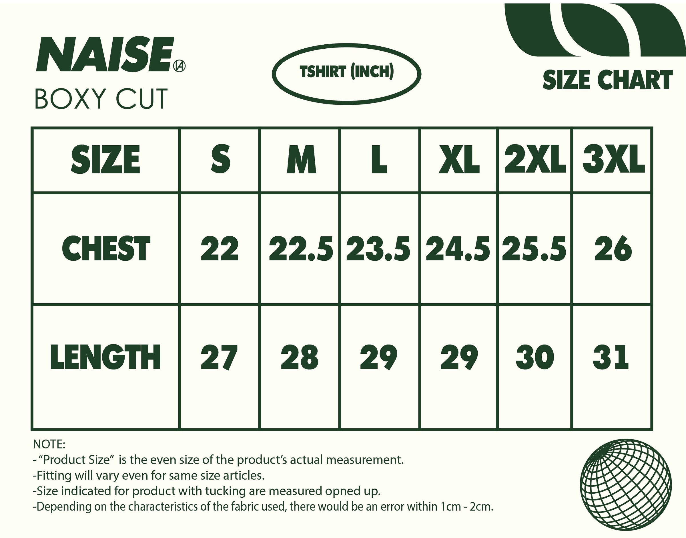 SIZE CHART TSHIRT BOXY CUT JULY 2024