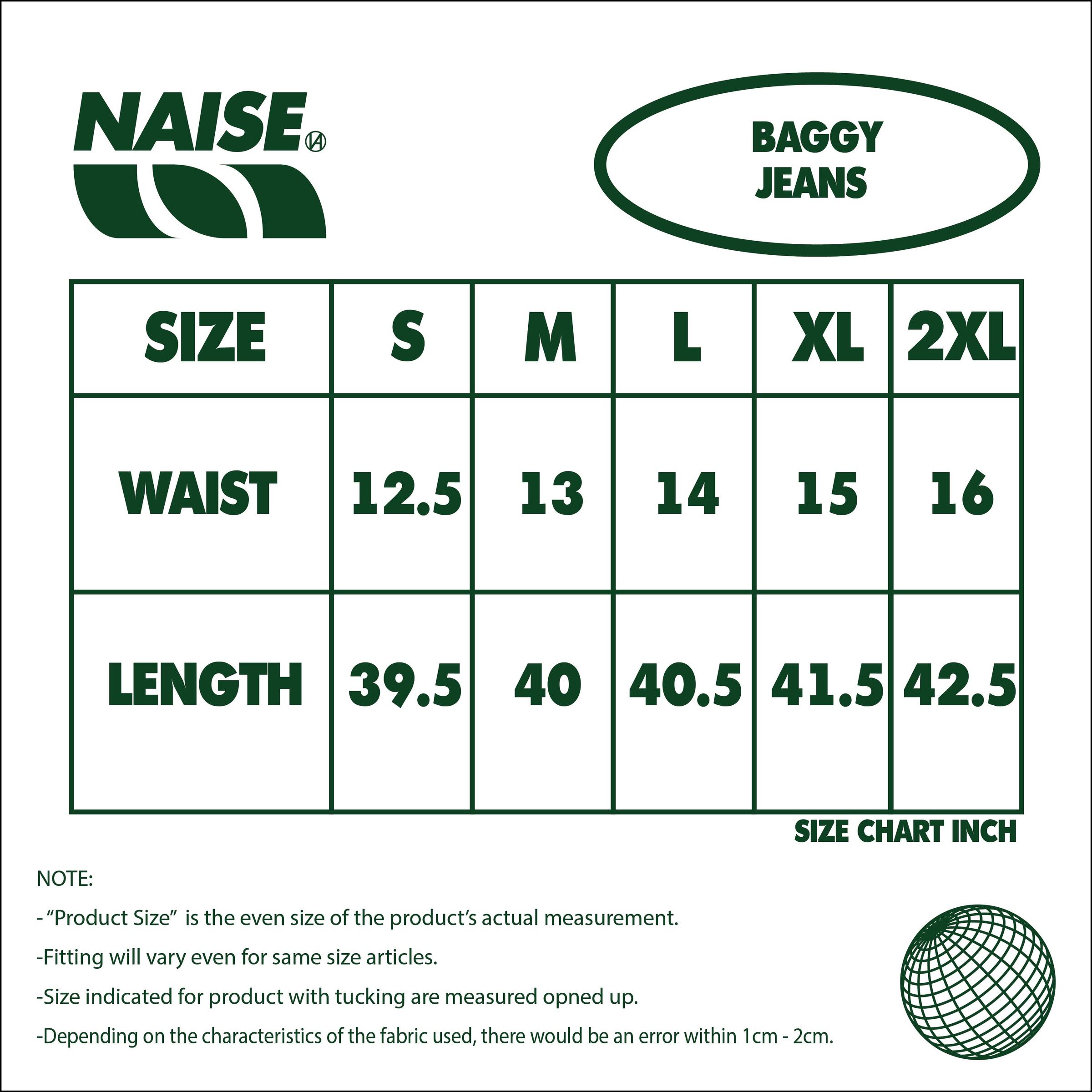 REFINED BLACK BAGGY JEANS SIZE CHART 2025