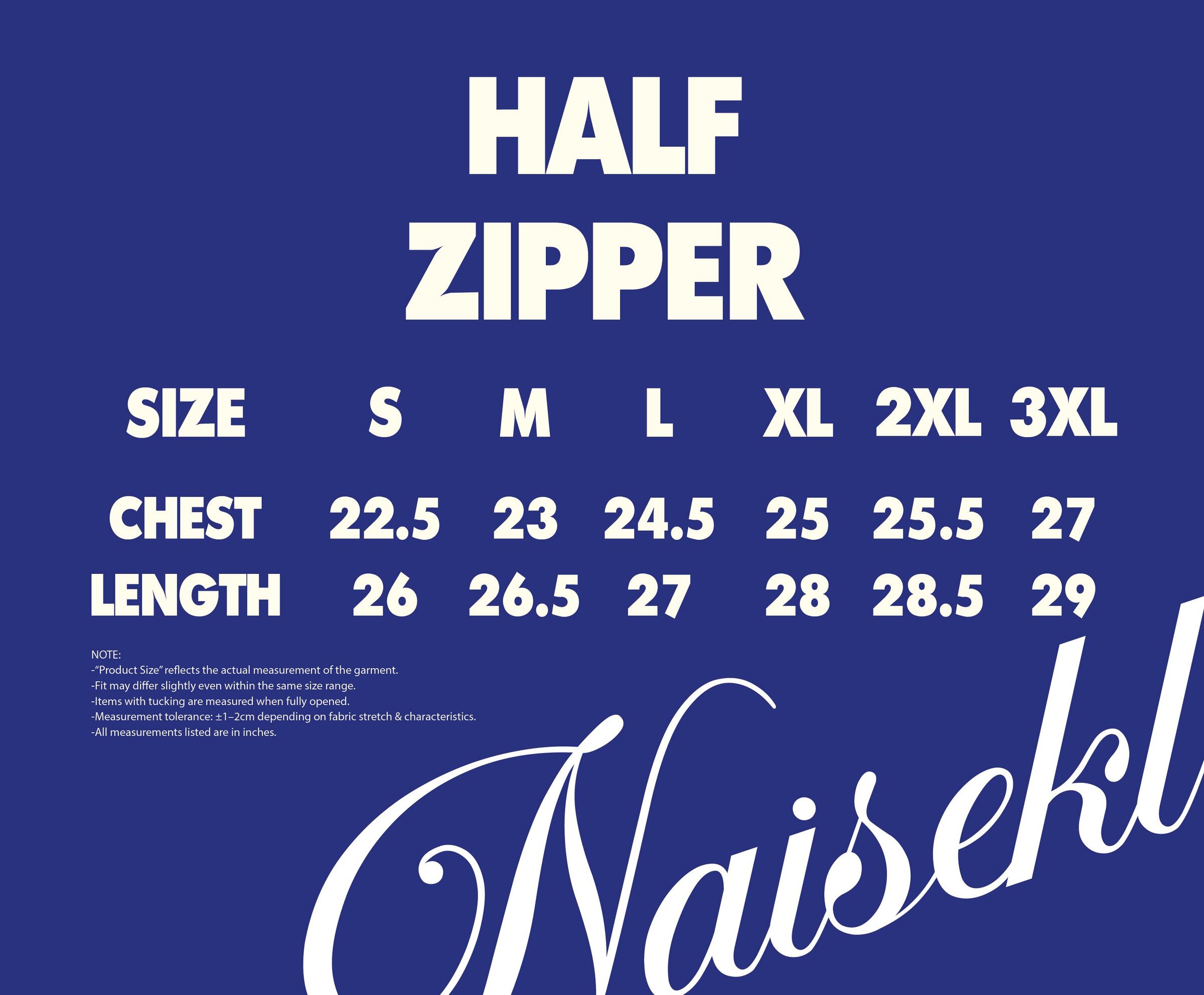 HALF ZIPPER SIZE CHART 2026