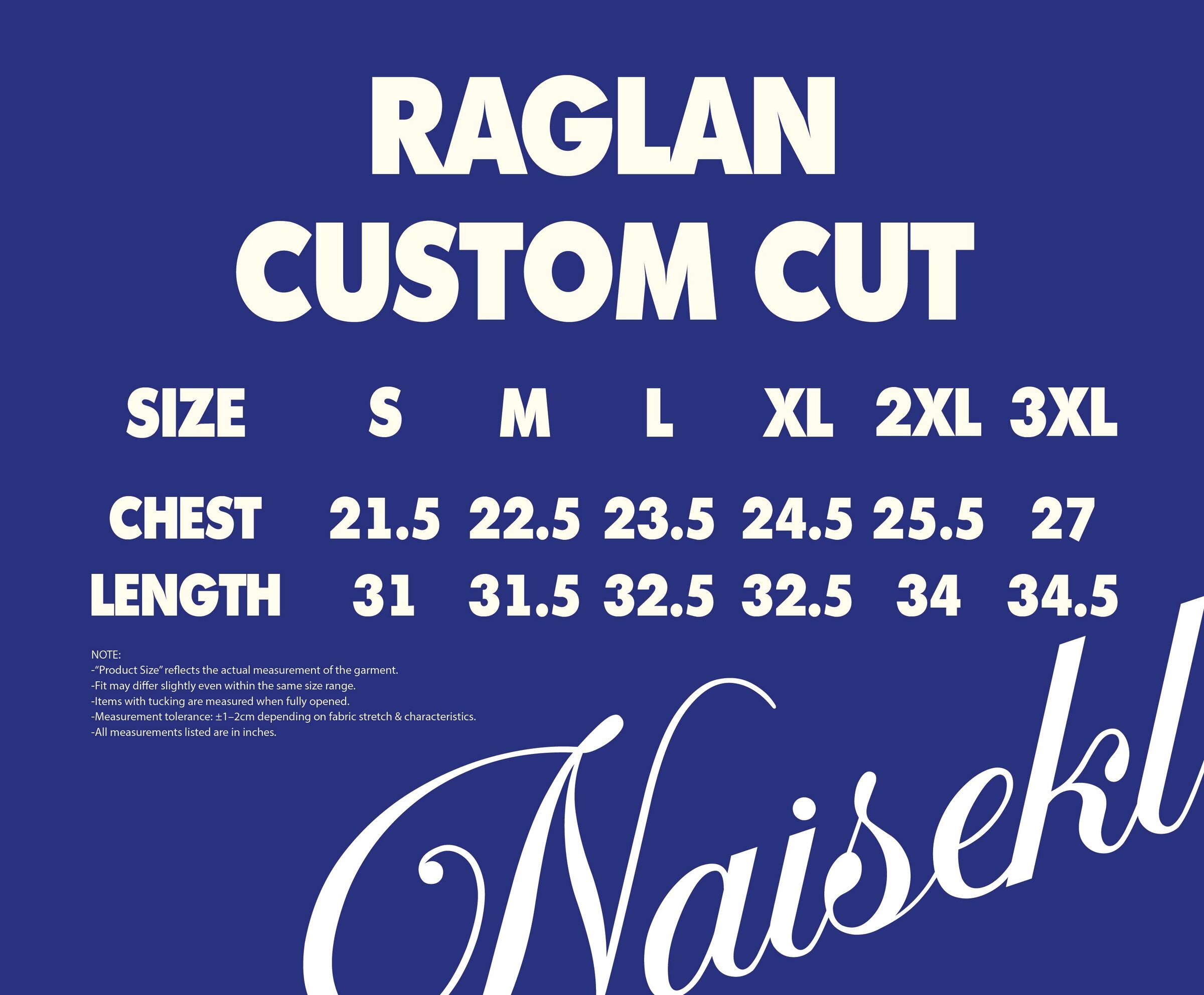 RAGLAN CUSTOM CUT SIZE CHART 2026