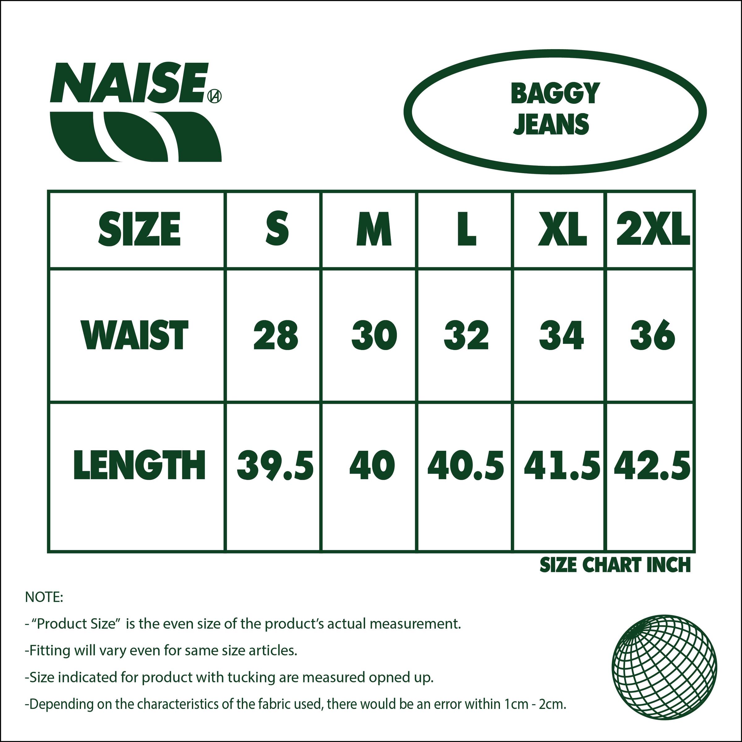 REFINED BLACK BAGGY JEANS SIZE CHART 2025