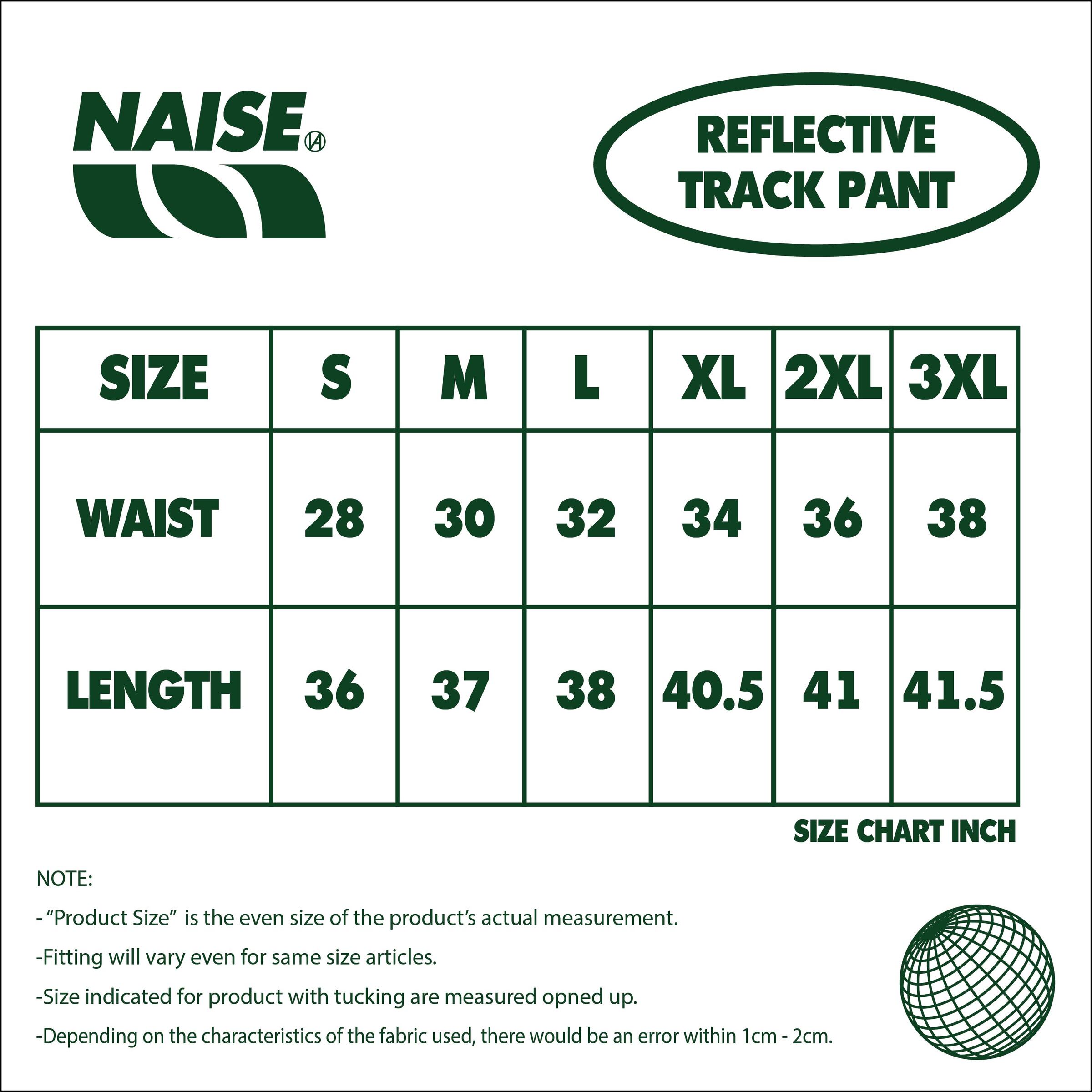 REFLECTIVE TRACK PANT SIZE CHART 2025