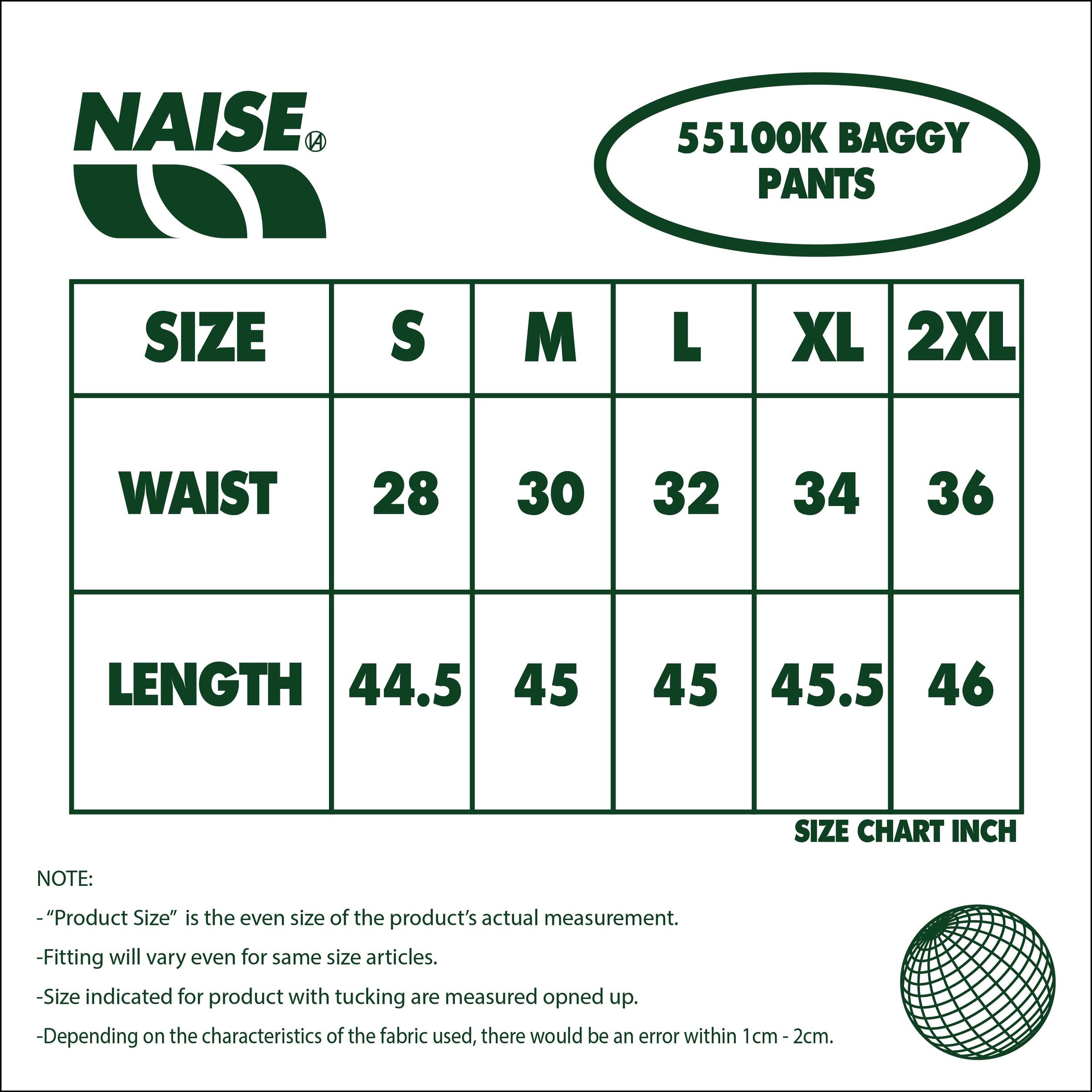 55100K BAGGY PANTS SIZE CHART 2025
