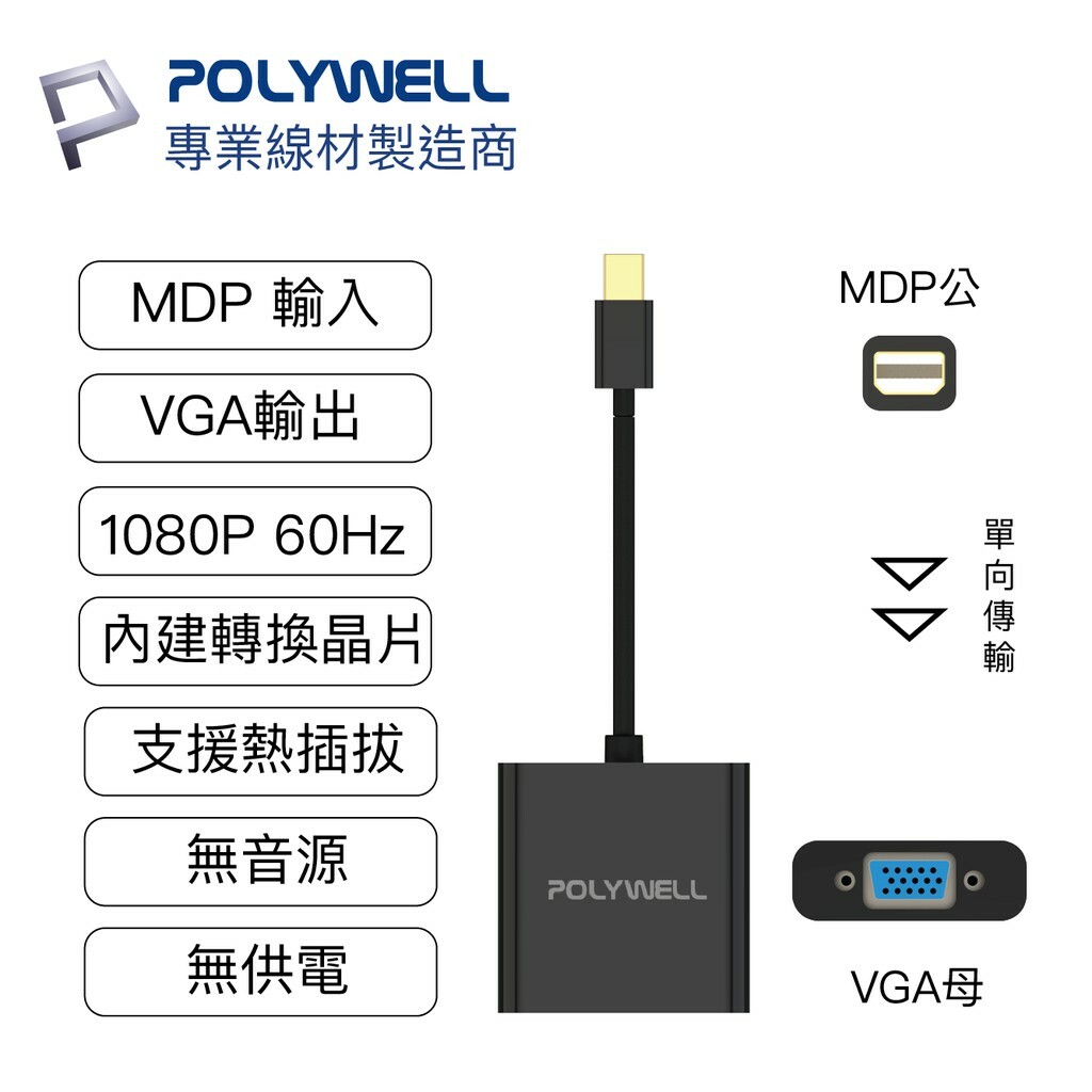 POLYWELL MDP轉VGA 訊號轉換器FHD 1080P MDP VGA 轉接線– POLYWELL