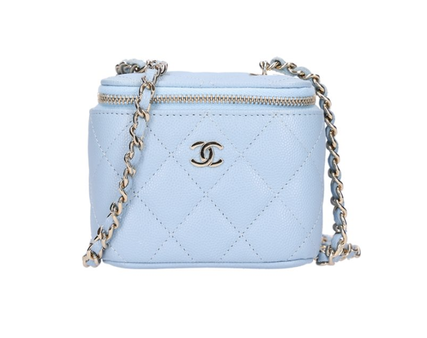 CHANEL 香奈兒 Vanity 化妝包 荔枝紋小牛皮 淺藍色 & 金色 AP1340_0
