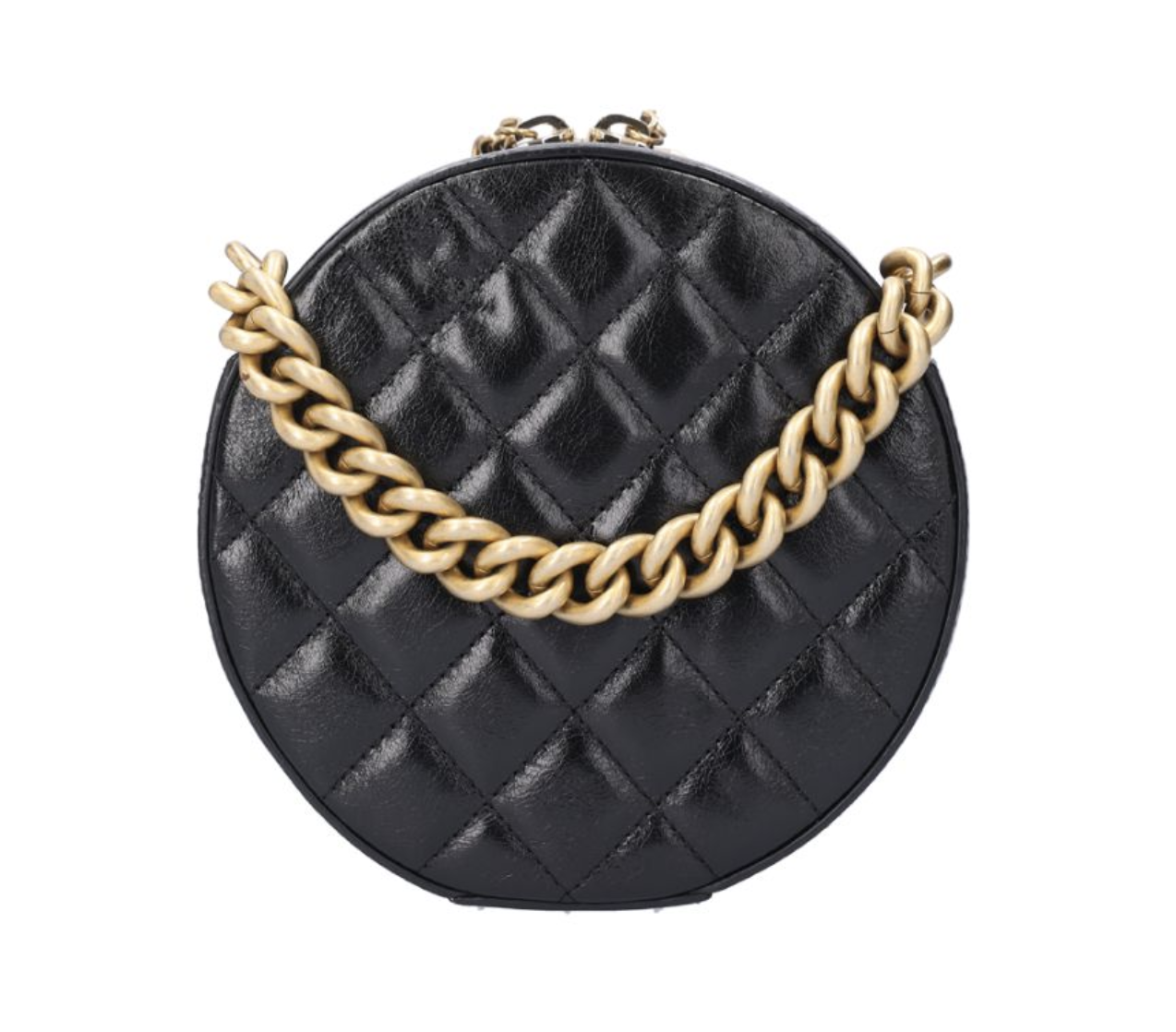 CHANEL 香奈兒 黑色皮革圓餅包 金扣 A919462