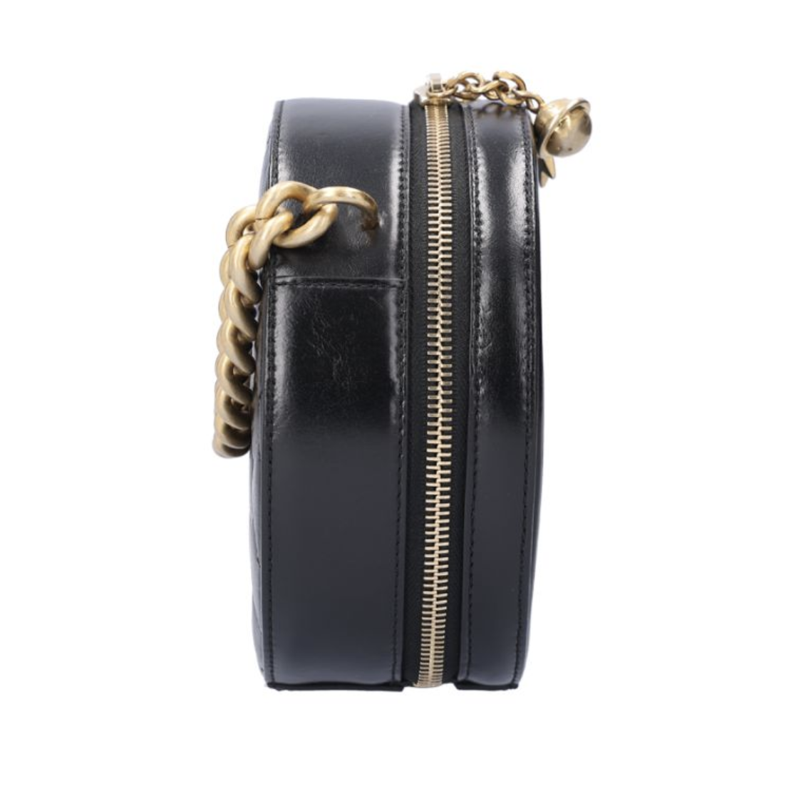 CHANEL 香奈兒 黑色皮革圓餅包 金扣 A919461