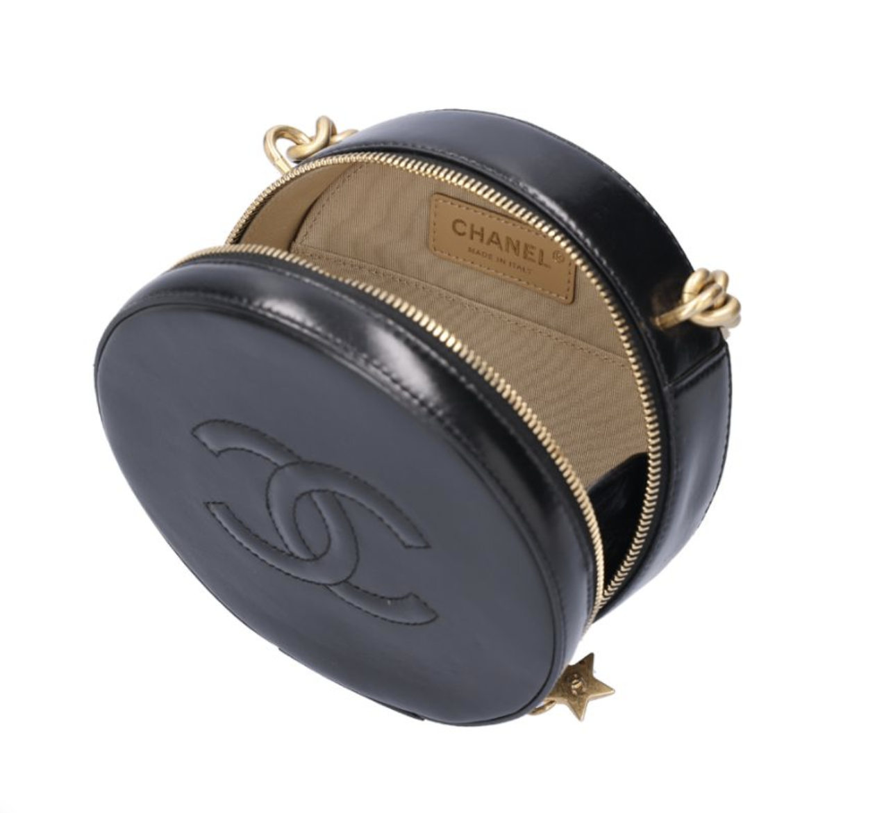 CHANEL 香奈兒 黑色皮革圓餅包 金扣 A919465