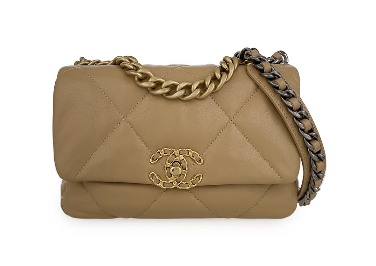 CHANEL 香奈兒 19 Bag 小號 亮面小羊皮 淺駝色 金扣0