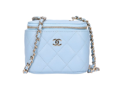 CHANEL 香奈兒 Vanity 化妝包 荔枝紋小牛皮 淺藍色 & 金色 AP1340_0