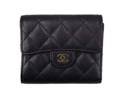 （加購品）CHANEL 香奈兒 荔枝紋牛皮短夾 黑金 AP02310
