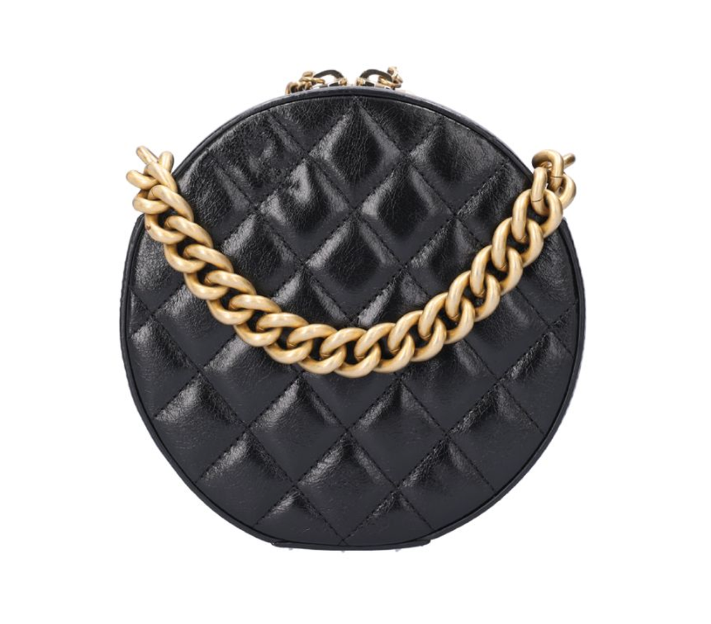 CHANEL 香奈兒 黑色皮革圓餅包 金扣 A919462