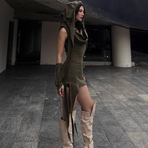 Sleeves Hoodie Plain Sleeveless Mini Dress -799