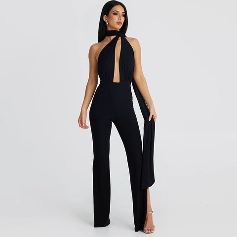 BLACK SLIT CUT OUT FRONT JUMPSUIT -899-2