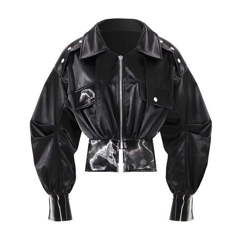 PU LEATHER CROP COLLAR JACKET IN BLACK -1580$