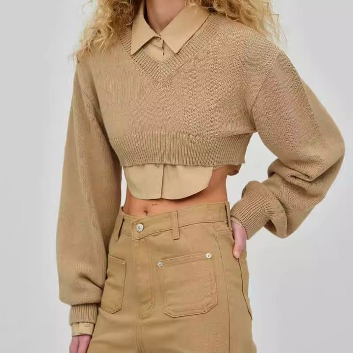 CROP KNITTED LONG SLEEVE SWEATER -899-3