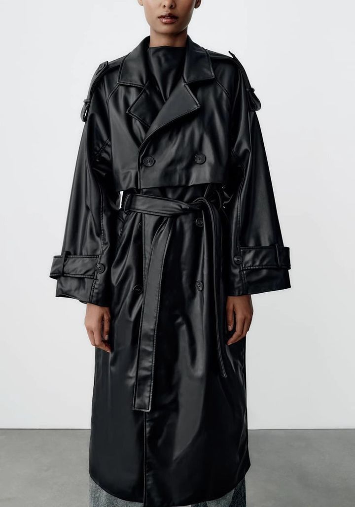 PU LEATHER TALL WRAP BELT FRONT COAT -2