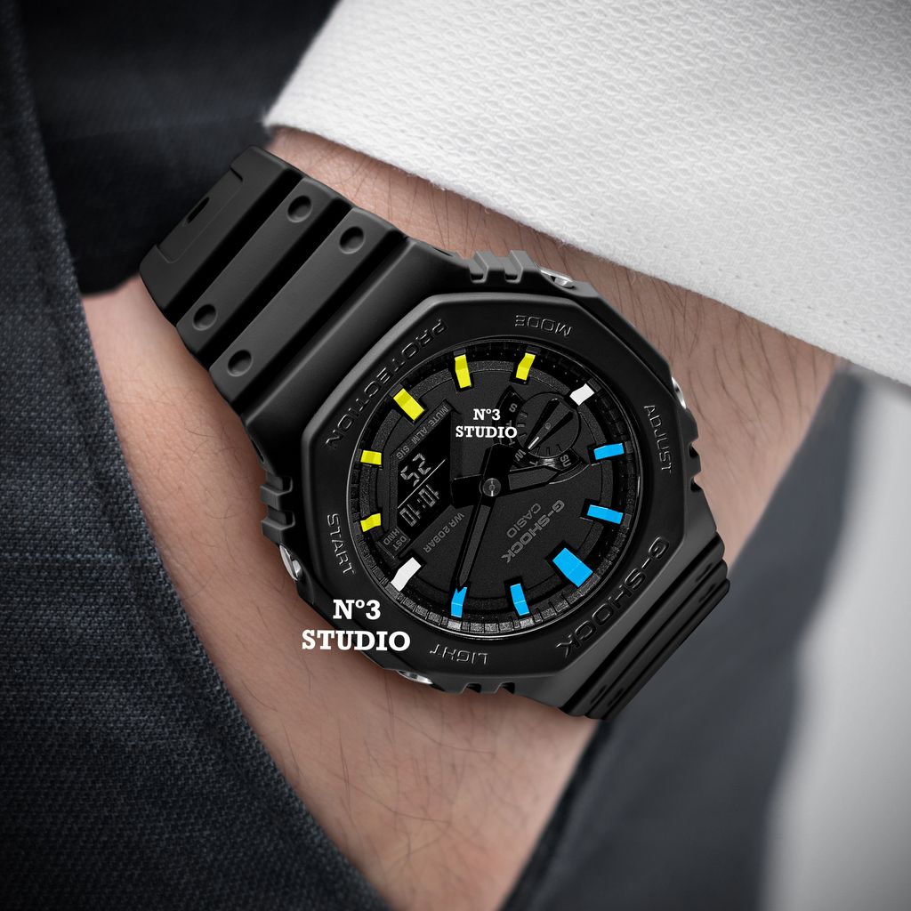 Casioak Black Dial (Handmade Blue-Yellow Marker) - 1A1 – No Casioak Black Dial (Handmade Blue-Yellow Marker) - 1A1 – No