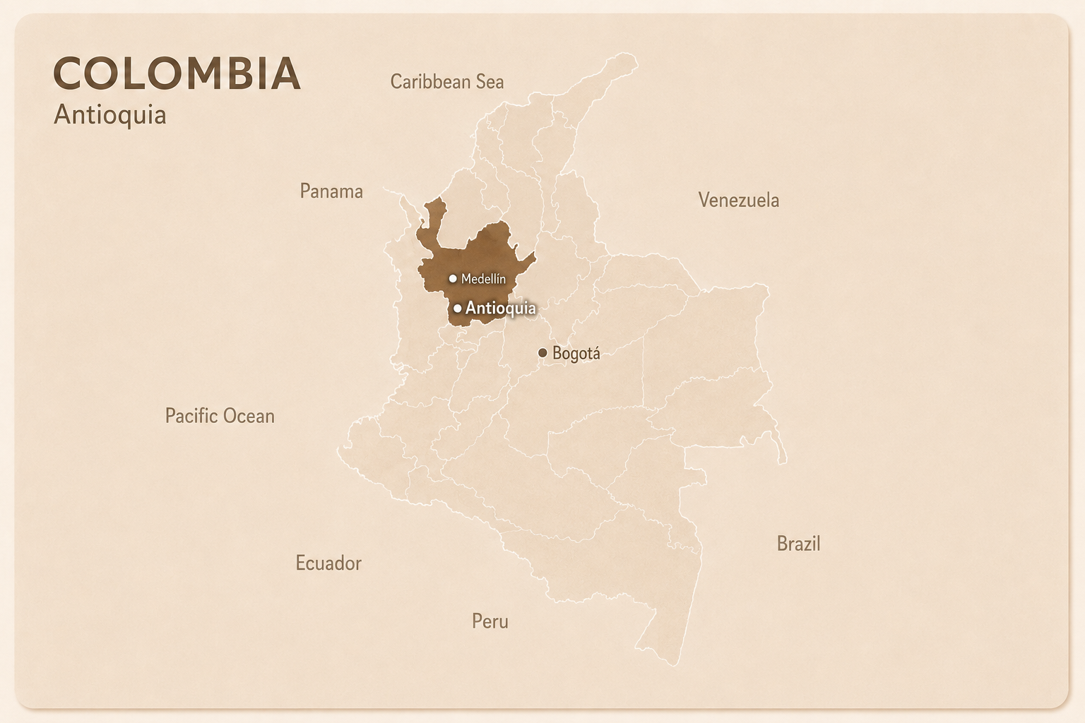 哥倫比亞咖啡產區地圖，標示安蒂歐奇雅 Antioquia 位置