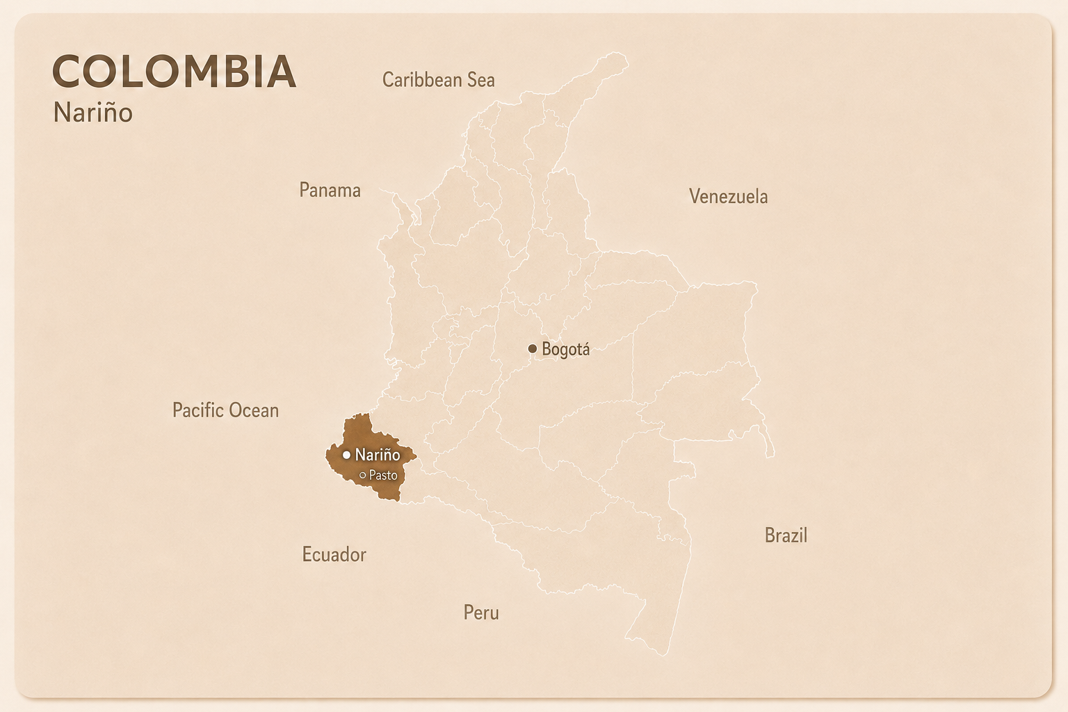 哥倫比亞咖啡產區地圖，標示娜玲瓏 Nariño 位置