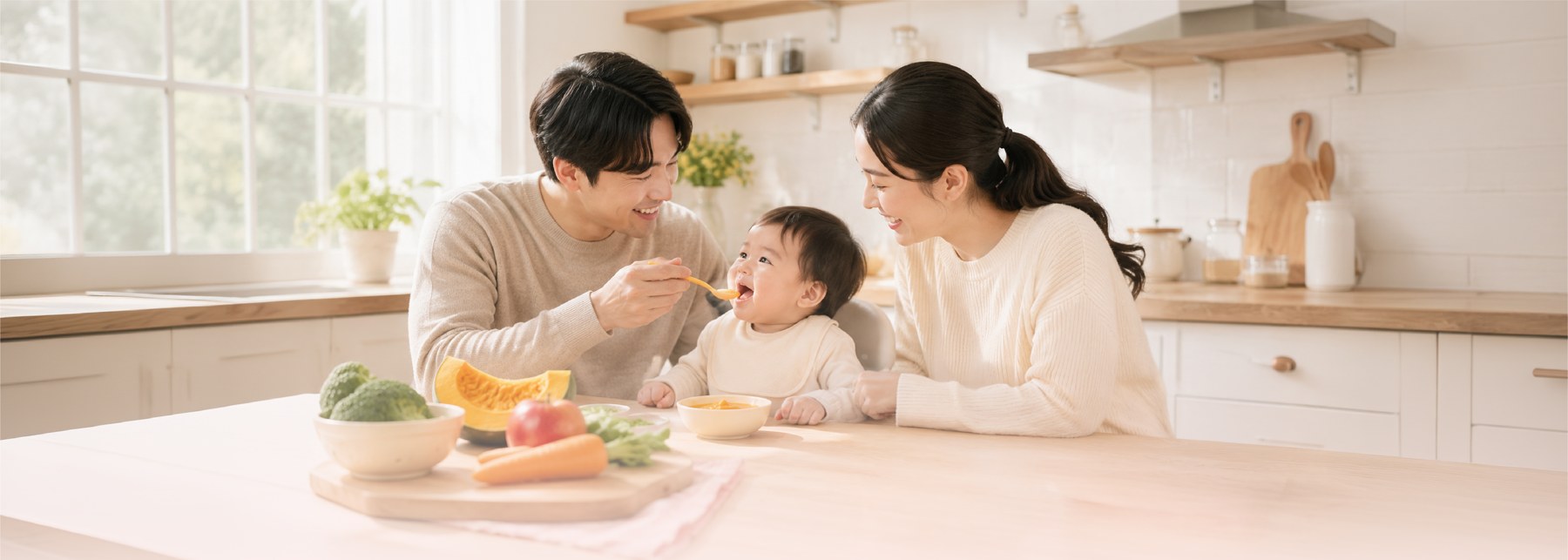 Parents feeding their baby fresh vegetable puree together in a bright home kitchen