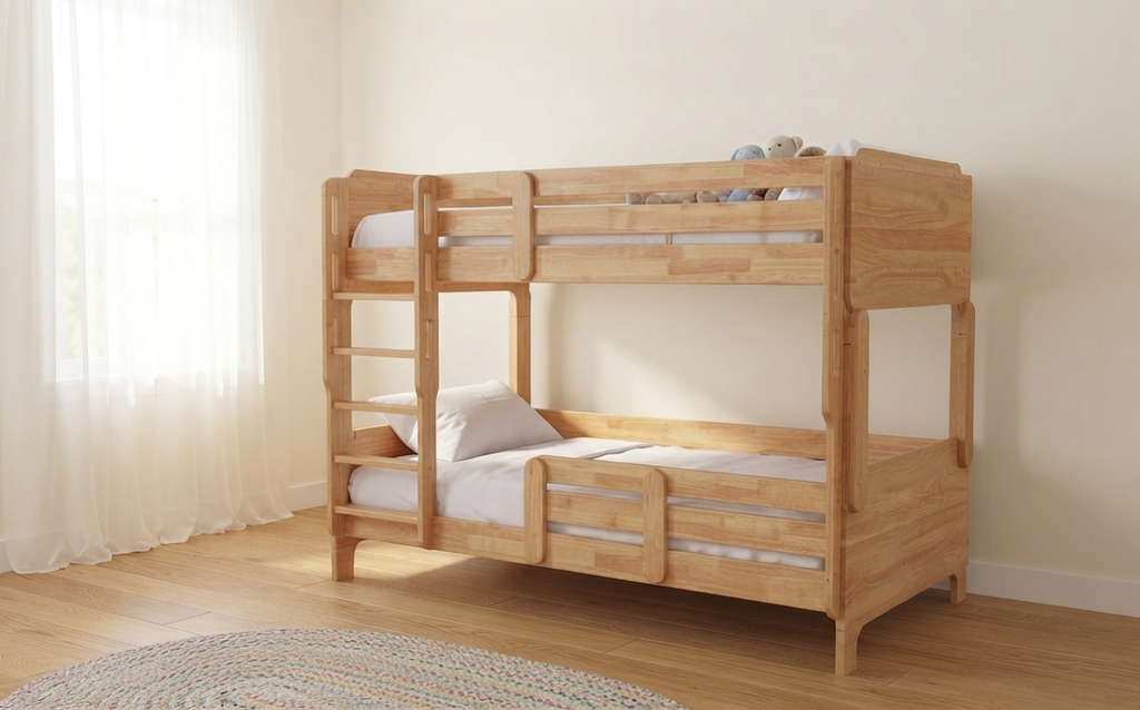 Unicraft & Decor Modular bunk bed in natural solid rubberwood finish - a versatile, handcrafted kids' bed with a warm minimalist look