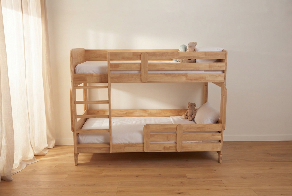 Unicraft & Decor Modular bunk bed in natural solid rubberwood finish - a versatile, handcrafted kids' bed with a warm minimalist look