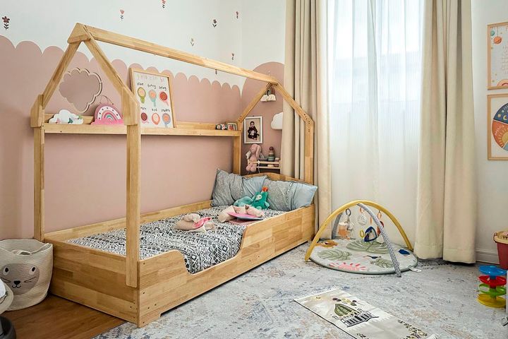 Unicraft & Decor Flippable Floor Bed in solid rubberwood - Montessori style toddler bed with flip design