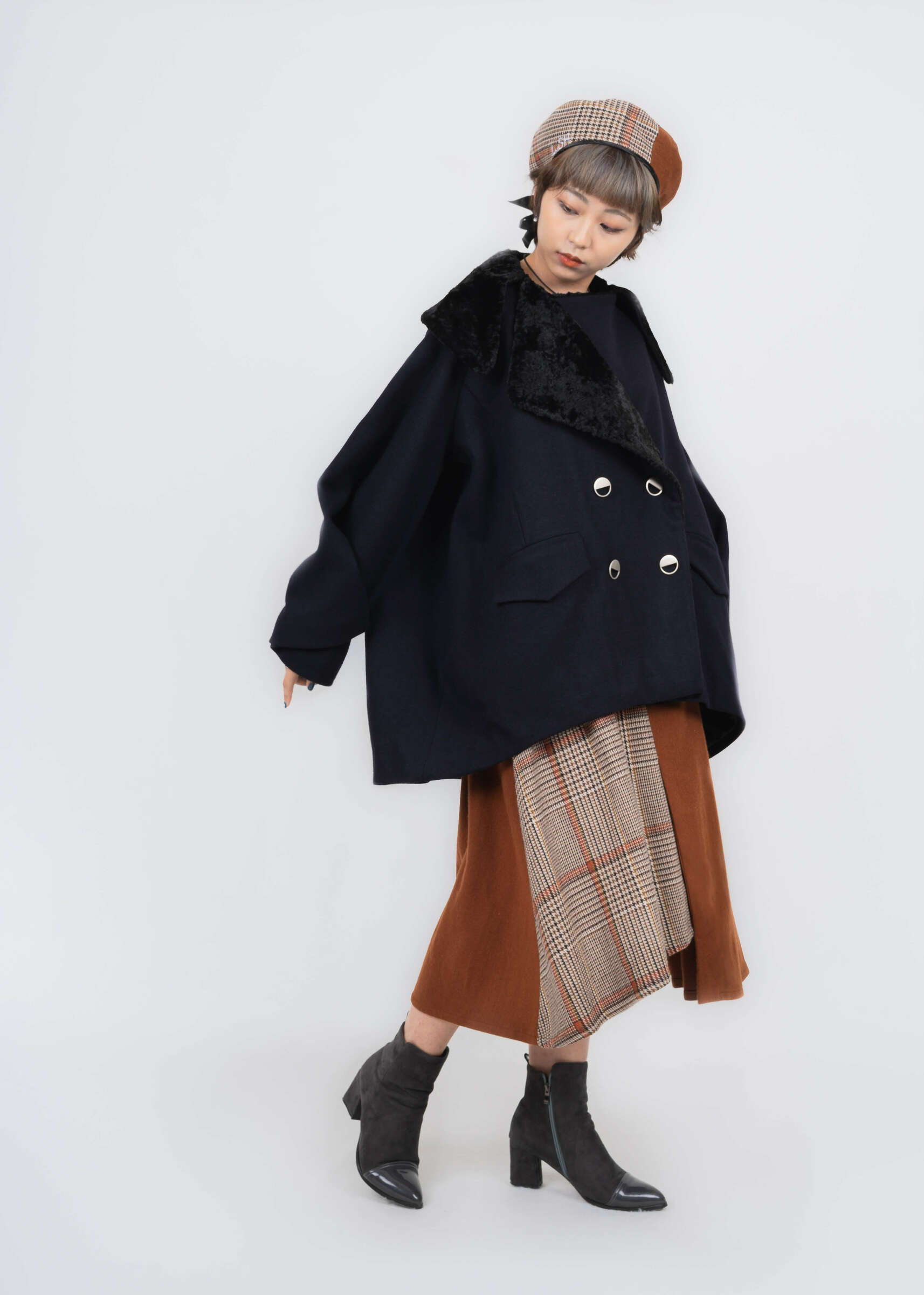 LAI.SH /2020AW/造型拼接 手工小畫家/貝雷帽 【焦糖棕紅/經典格紋】6